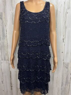 Patra Navy Blue Beaded Tiered Silk Sleeveless Dress